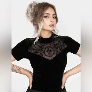 Disturbia Cameo Floral Flocked Mesh Velour High Neck Top